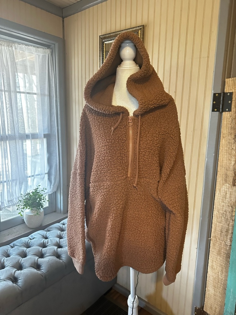 Victoria’s Secret PINK Sherpa Hoodie Womens M Brown Quarter Zip Fleece Cozy